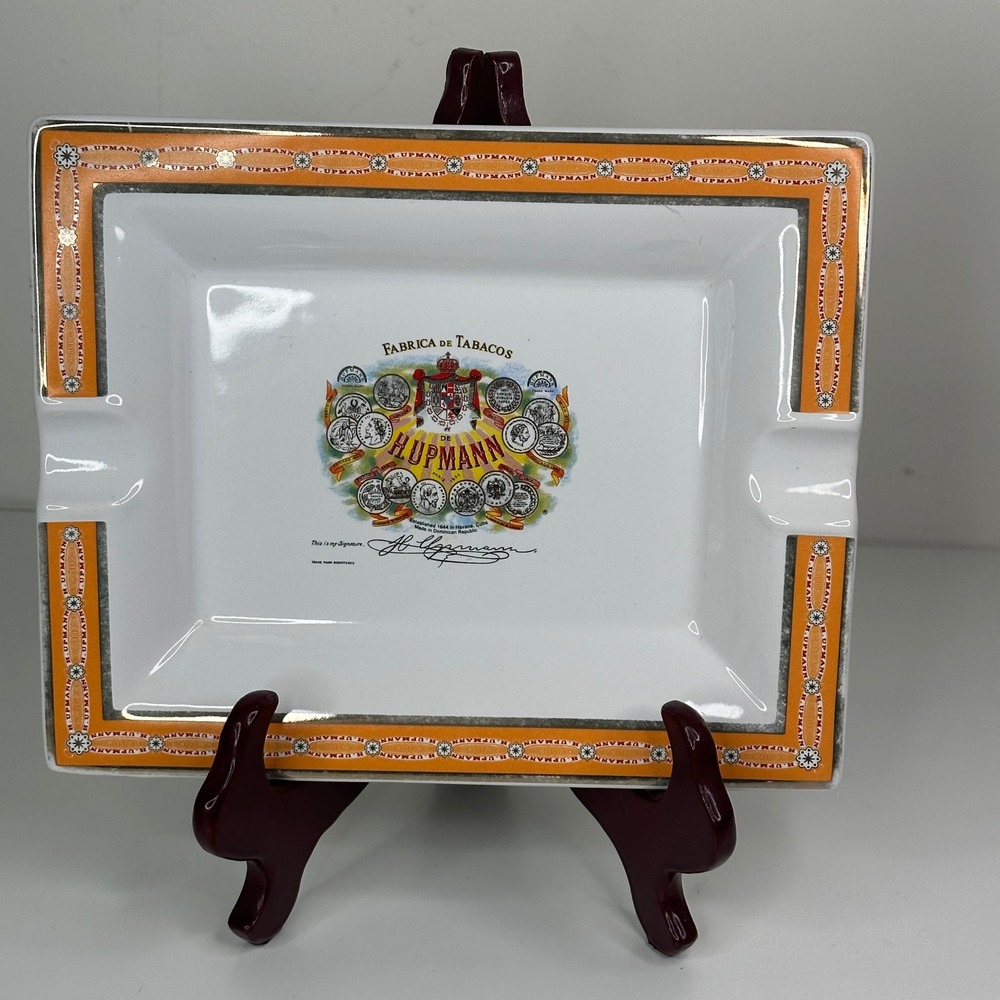 H Upmann Rectangular Porcelain Ashtray Orange Border Fabrica De Tabacos Logo